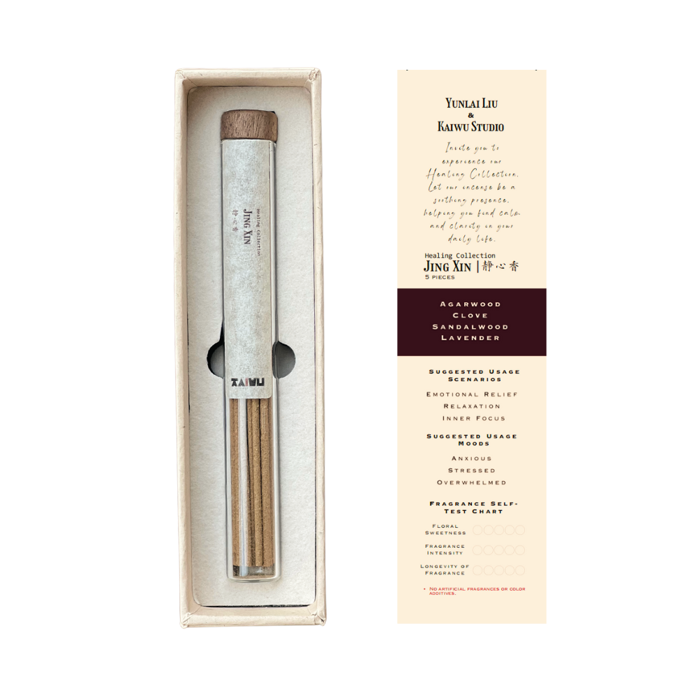 Premium Jing Xin Incense set featuring: (Left) Glass jar with 24 natural incense sticks, sealed with an aromatic walnut wood lid to preserve freshness and prevent moisture, cushioned by soft interior lining for protection. (Right) Included informational card detailing craftsmanship notes with space to record personal usage experiences - showcasing traditional Chinese incense presented in sustainable luxury packaging.