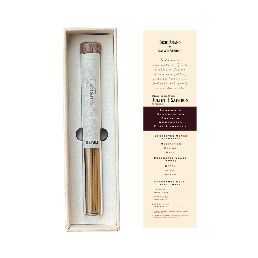 Premium Juliet Saffron Incense set featuring: (Left) Glass jar with 24 natural incense sticks, sealed with an aromatic walnut wood lid to preserve freshness and prevent moisture, cushioned by soft interior lining for protection. (Right) Included informational card detailing craftsmanship notes with space to record personal usage experiences - showcasing traditional Chinese incense presented in sustainable luxury packaging.