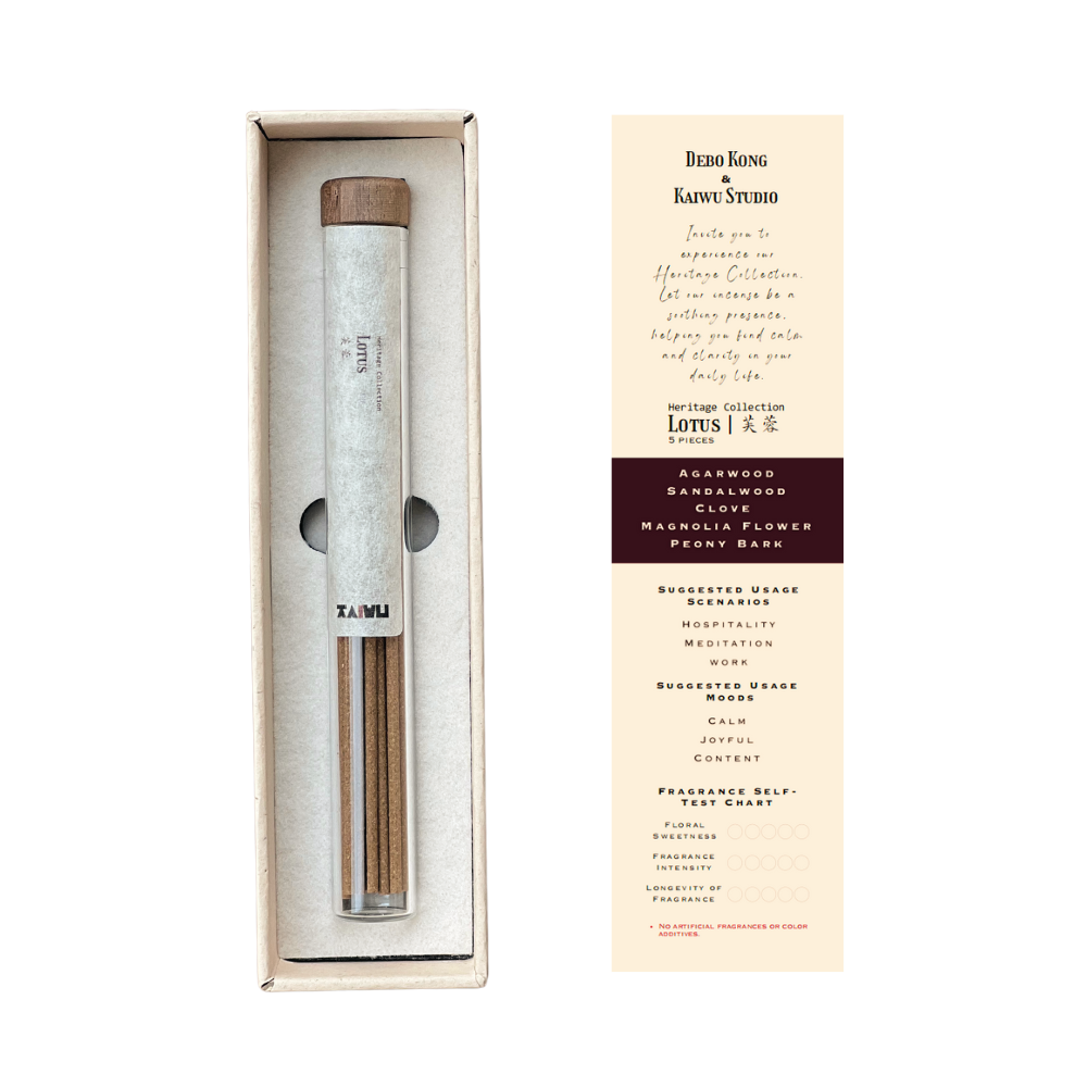 Premium Lotus Incense set featuring: (Left) Glass jar with 24 natural incense sticks, sealed with an aromatic walnut wood lid to preserve freshness and prevent moisture, cushioned by soft interior lining for protection. (Right) Included informational card detailing craftsmanship notes with space to record personal usage experiences- showcasing traditional Chinese incense presented in sustainable luxury packaging.