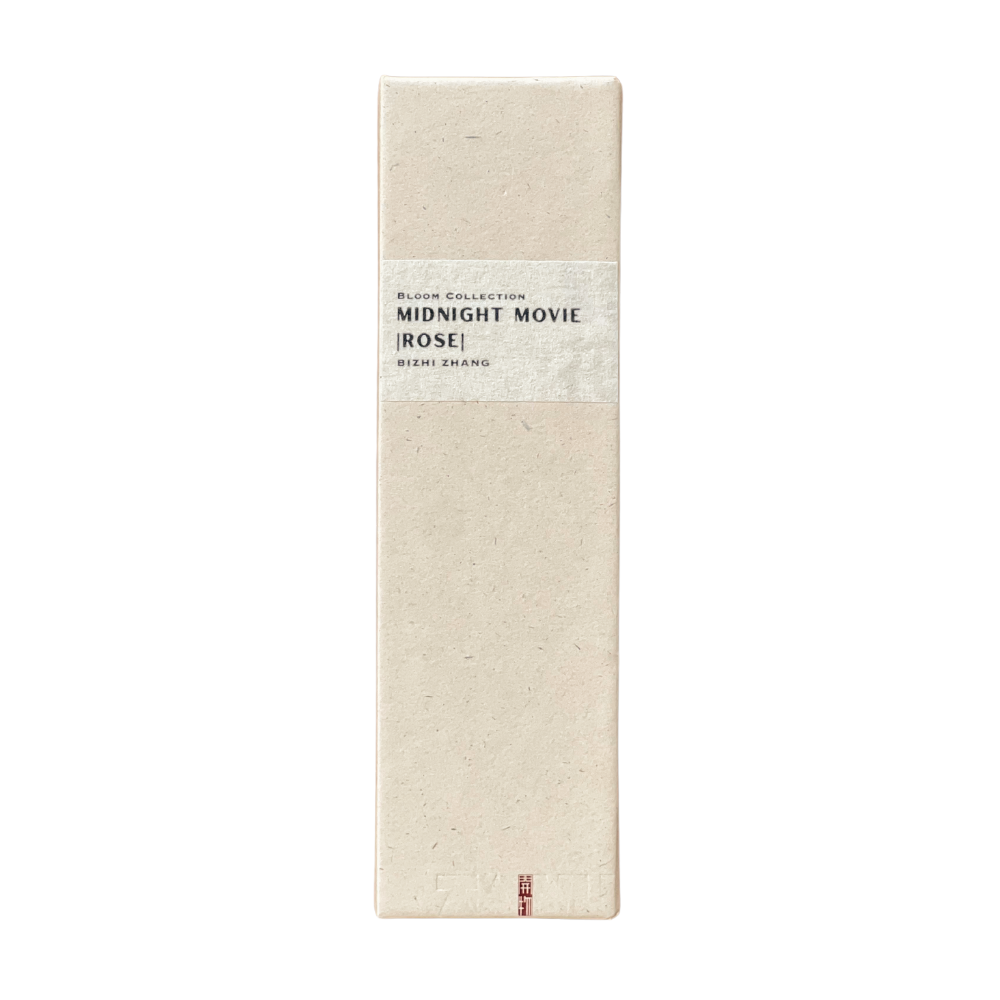 Sustainable Rose Incense box in champagne hue - recycled paper wrap with debossed Kaiwu emblem & artisan Bizhi name on handmade yellow textured label, embodying mindful luxury.