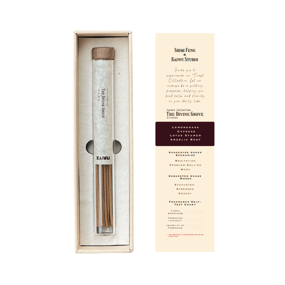 Premium The Divine Grove Incense set featuring: (Left) Glass jar with 24 natural incense sticks, sealed with an aromatic walnut wood lid to preserve freshness and prevent moisture, cushioned by soft interior lining for protection. (Right) Included informational card detailing craftsmanship notes with space to record personal usage experiences - showcasing traditional Chinese incense presented in sustainable luxury packaging.
