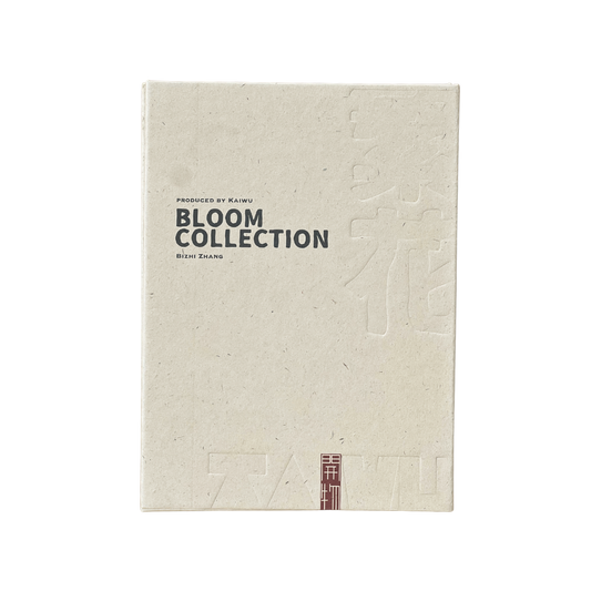 Luxury champagne-colored eco-paper packaging for BloomCollection Incense, featuring a debossed logo and collection name with master Artisan Bizhi Zhang's name in elegant calligraphy. Sustainable minimalist design for conscious connoisseurs.