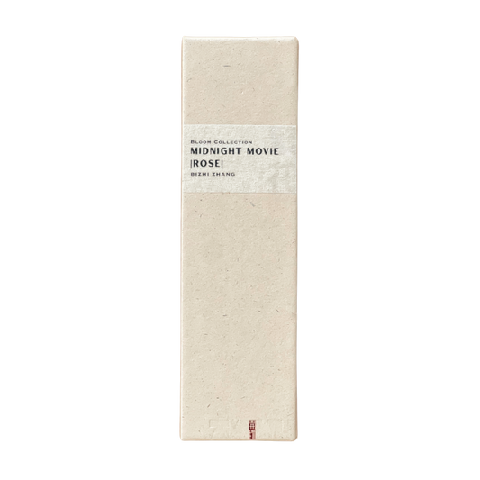 Sustainable Rose Incense box in champagne hue - recycled paper wrap with debossed Kaiwu emblem & artisan Bizhi name on handmade yellow textured label, embodying mindful luxury.